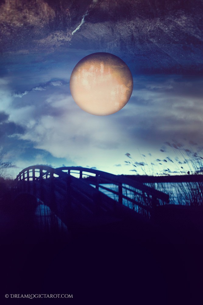 Moon at night over bridge tarot card