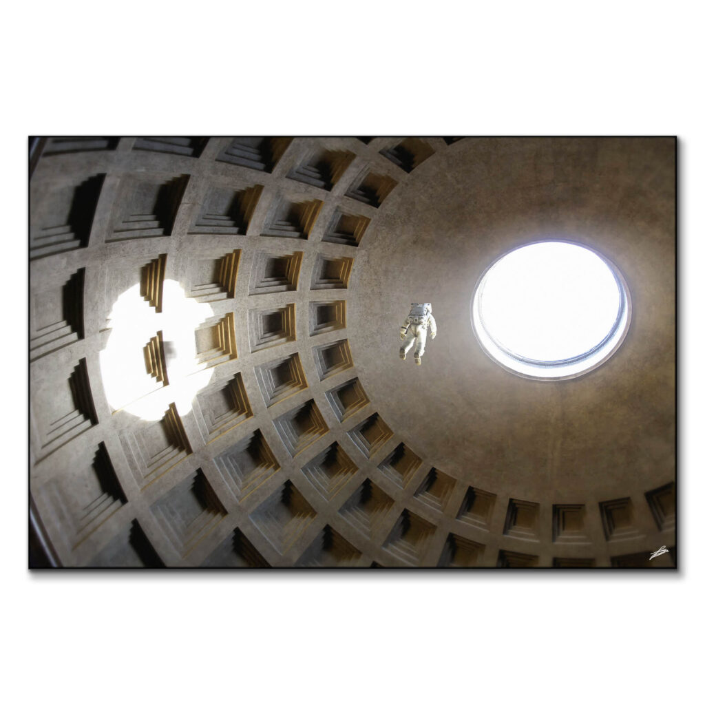 Surreal art by Fran Rodriguez of an astronaut floating inside the Pantheon in Rome, with light streaming through the oculus.