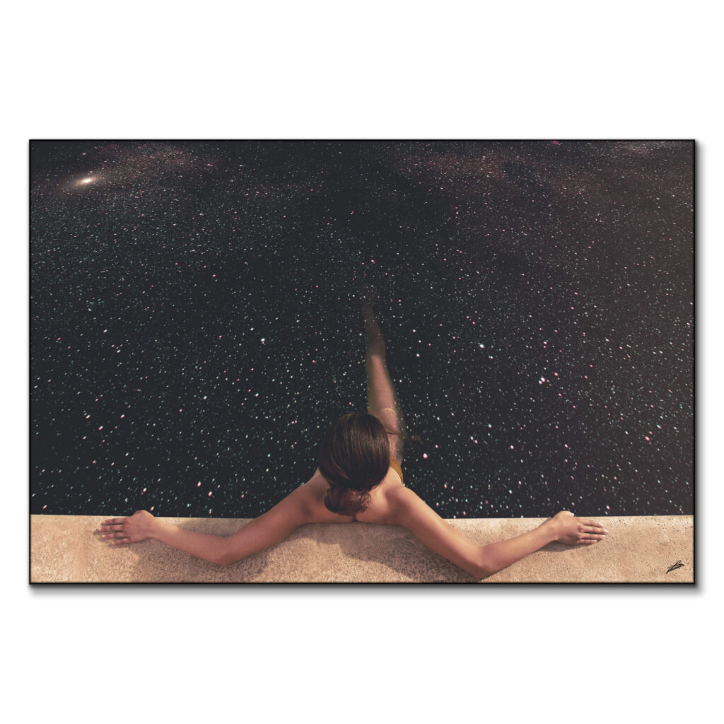 Surreal wall art by Fran Rodriguez of a girl relaxing in a pool that appears to be filled with a starry night sky.