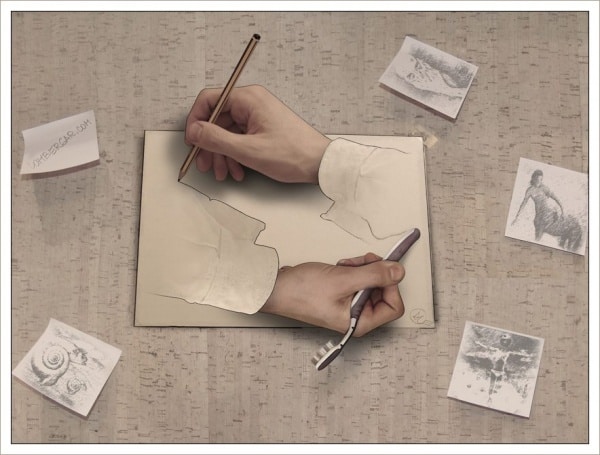 hands coming our of paper drawing themselves in reference to the famous Escher work