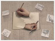 hands coming our of paper drawing themselves in reference to the famous Escher work