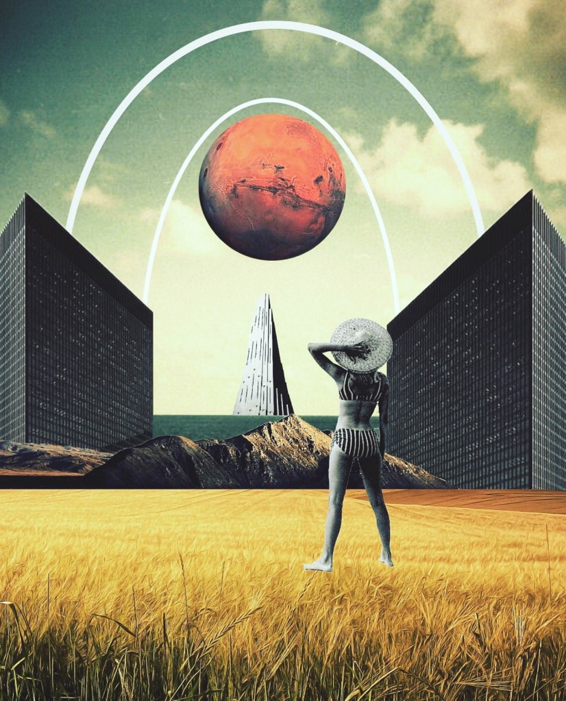 A retro photo collage of a woman looking up up at Mars from a field